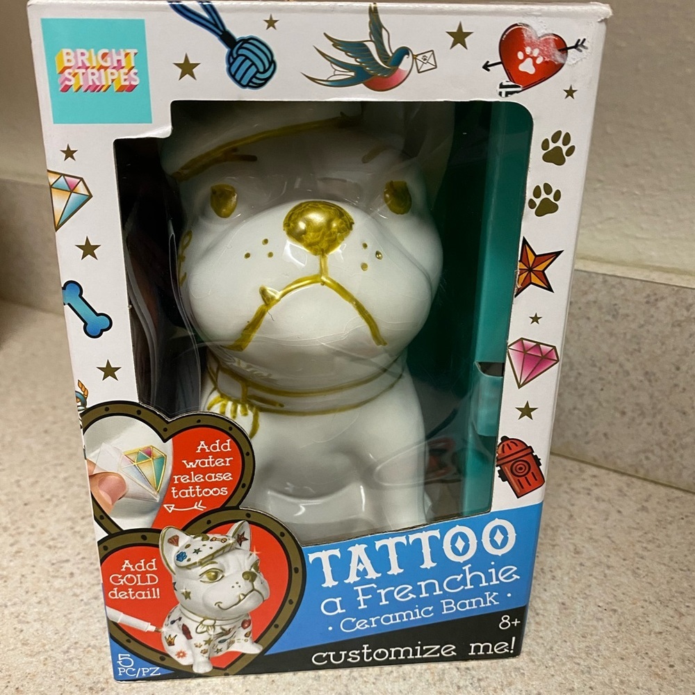 Bright Stripes Tattoo a Frenchie Ceramic Bank DIY Craft Kit | Piggy Bank - Picture 2 of 6